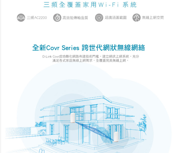 D-Link 友訊 COVR-2202 Mesh 三頻全覆蓋家用Wi-Fi 系統路由器分享器