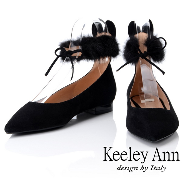 Keeley Ann 氣質甜美~毛絨兔耳腳踝綁帶全真皮平底鞋(黑色-Ann)