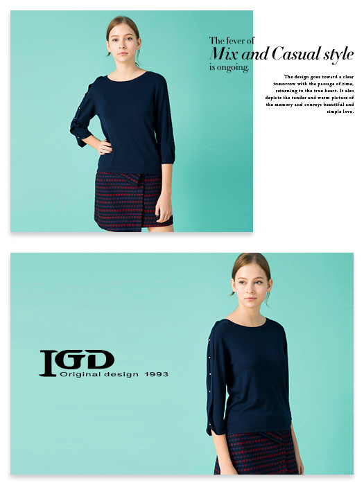 IGD英格麗 縫珠翻袖針織上衣-藍色