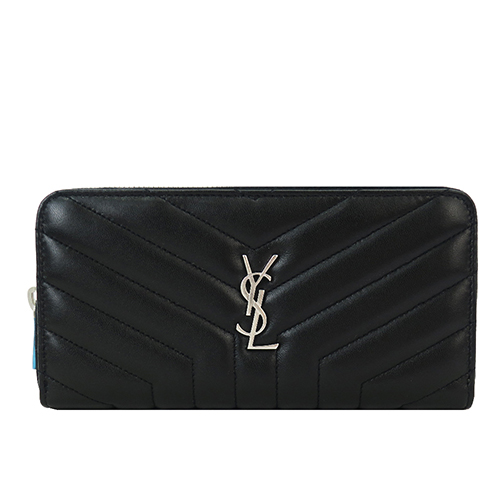 YSL MONOGRAM系列 Y車線羊皮銀釦拉鍊長夾(黑)