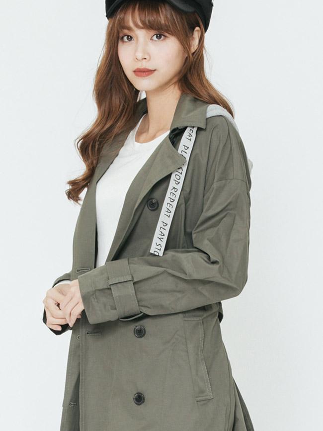 H:CONNECT 韓國品牌 女裝-連帽造型雙排扣風衣外套-綠