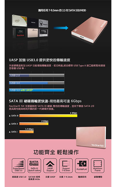 凡達克2.5吋 玫塊金 USB3.0 硬碟外接盒