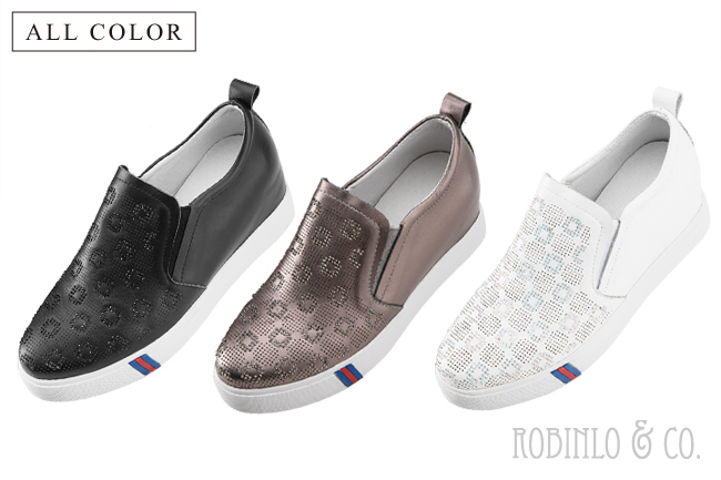 Robinlo & Co.質感造型水鑽牛皮內增高休閒鞋 黑
