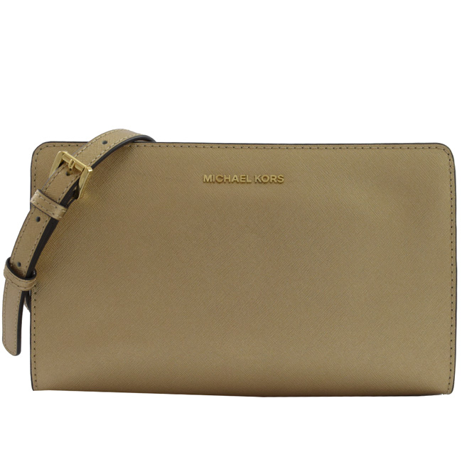 MICHAEL KORS Jet Set金屬logo防刮牛皮小斜背包(香檳金)