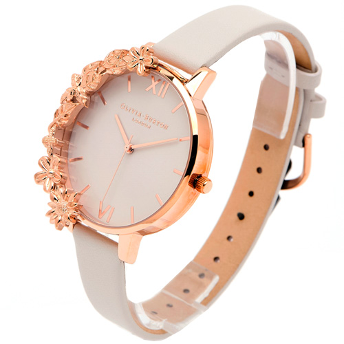 OLIVIA BURTON華麗花朵風皮革錶帶手錶(OB16CB06)-淺灰面/38mm