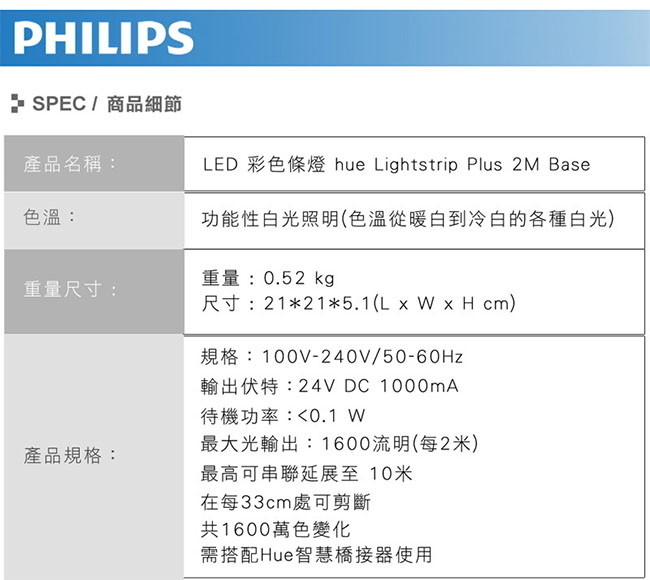 【飛利浦 PHILIPS LIGHTING】Hue無線智慧照明_LED彩色條燈(2米)