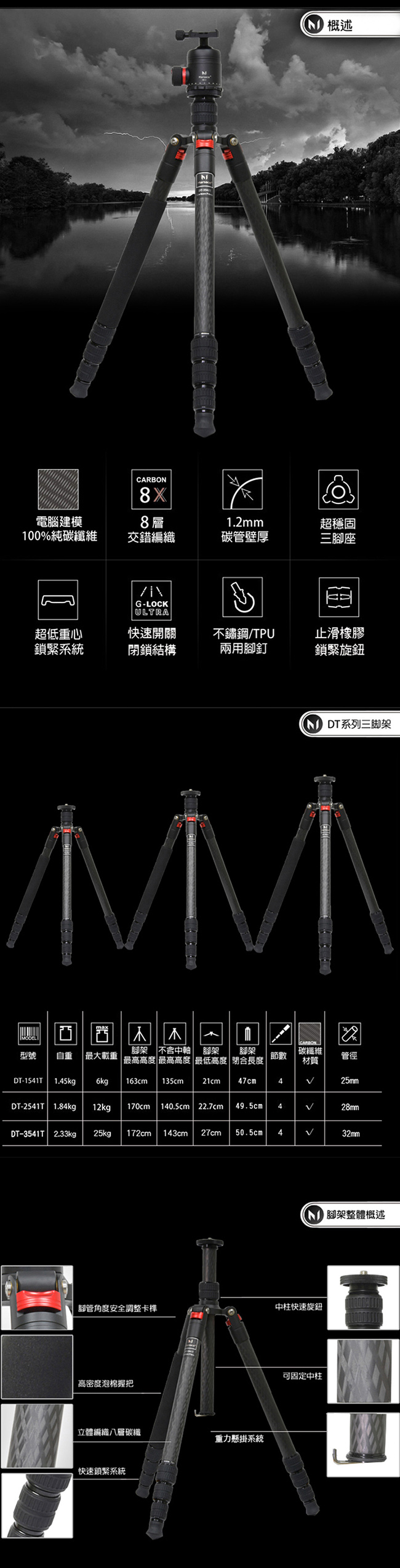 Marsace DT-2541T碳纖維反折三腳架套組(公司貨)