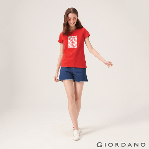 GIORDANO 女裝英文標語印花短袖T恤-68 高貴紅