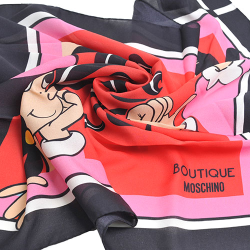 MOSCHINO 義大利可愛奧莉薇字母LOGO圖騰100%絲質絲巾(紅/粉)