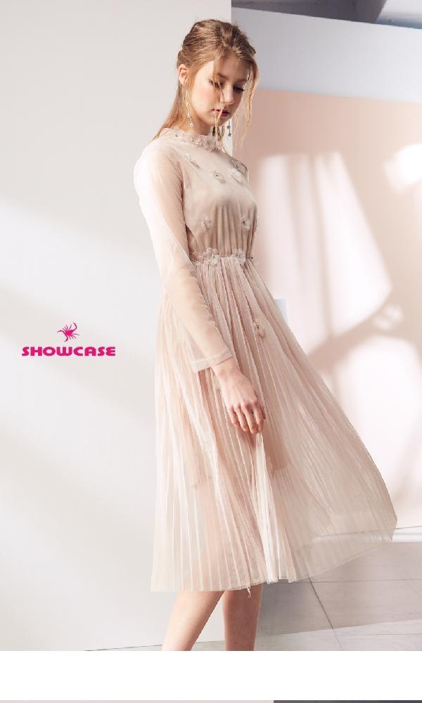 【SHOWCASE】仙氣蕾絲珍珠領短袖雙層網紗洋裝(黑/芋)