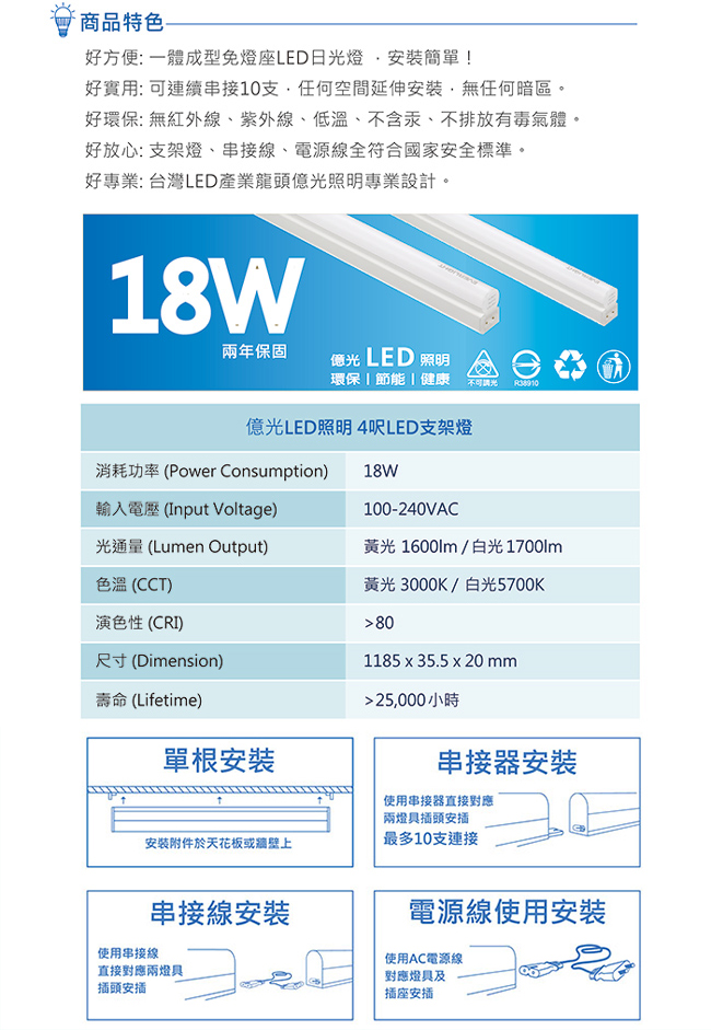 Everlight 億光 18W 4呎 T5 LED 支架燈 層板燈 間接照明 (黃光20入)