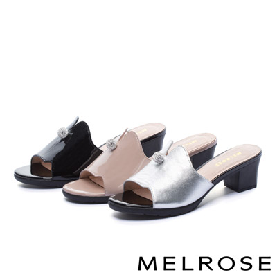 拖鞋 MELROSE 時髦晶鑽飾釦球啞光牛皮粗高跟拖鞋－銀