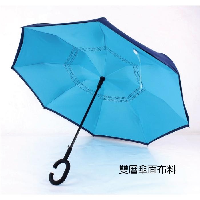 【生活良品】C型雙層雙色自動反向直立晴雨傘-素面款黑色(外層深藍色+內層黑色)