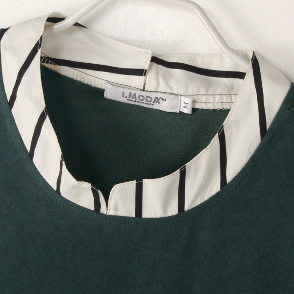 假兩件純色背心拼接直條紋立領襯衫洋裝-OB大尺碼