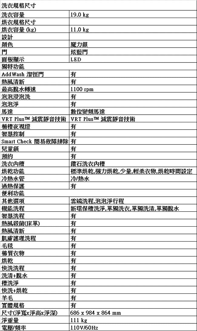 SAMSUNG三星 19KG 變頻滾筒洗脫烘 洗衣機 WD19N8750KP/TW 魔力銀