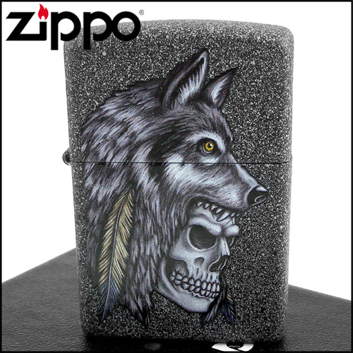 ZIPPO 美系~Wolf Skull Feather-狼-骷髏-羽毛圖案設計打火機| 打火機 