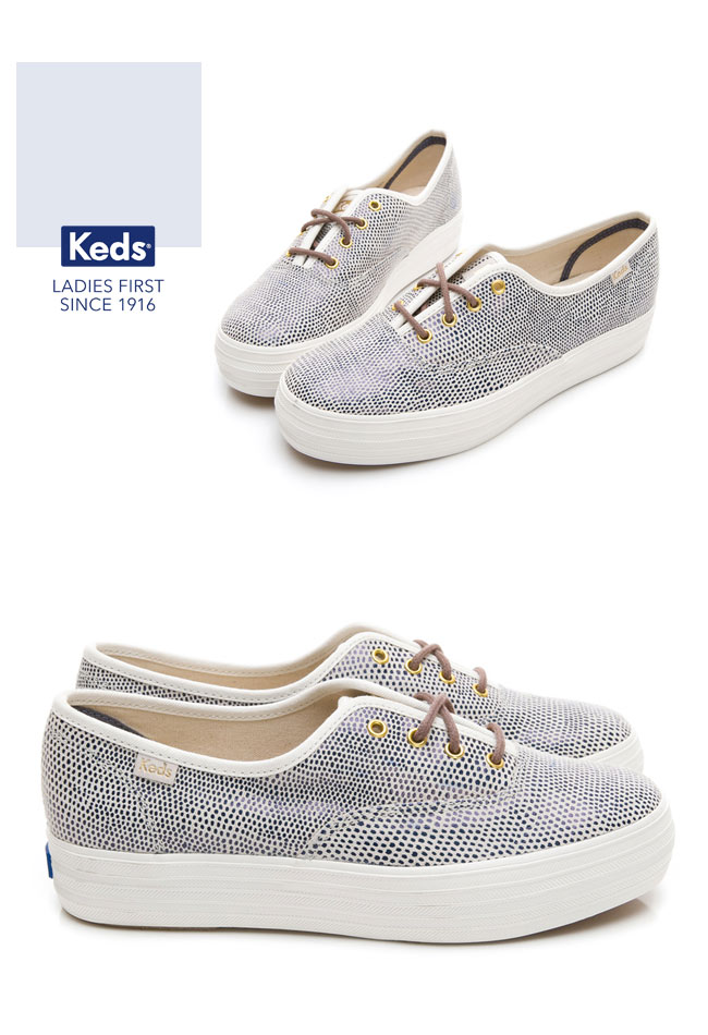 Keds TRIPLE 普普圓點皮革綁帶厚底休閒鞋-藍色