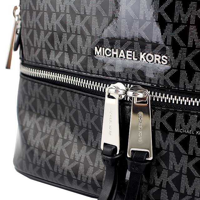 MICHAEL KORS Rhea 灰黑色MK字樣亮面防水材質金字後背包(中)