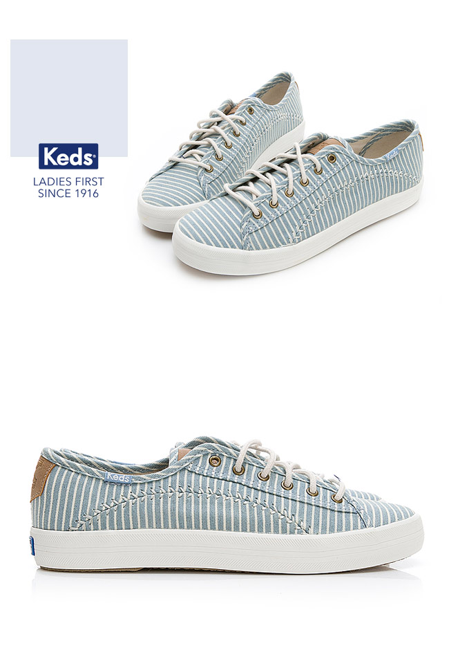 Keds KICKSTART 海洋風條紋綁帶帆布鞋-藍