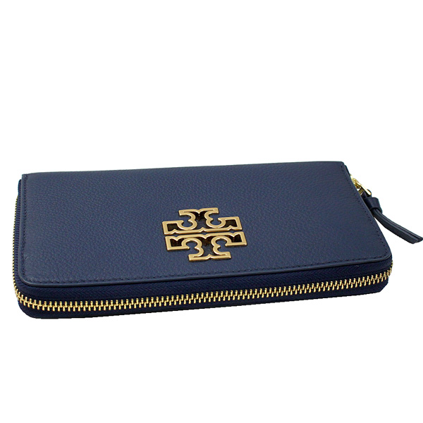 TORY BURCH BRITTEN 金屬LOGO 荔枝紋全皮革拉鍊長夾(深藍)