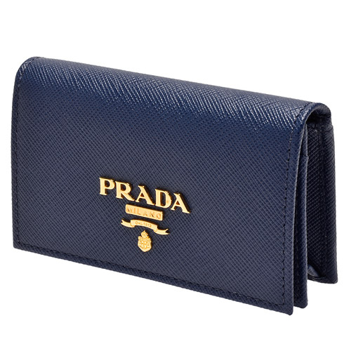 PRADA SAFFIANO METAL金屬浮雕LOGO防刮牛皮釦式信用卡/名片夾(墨藍)