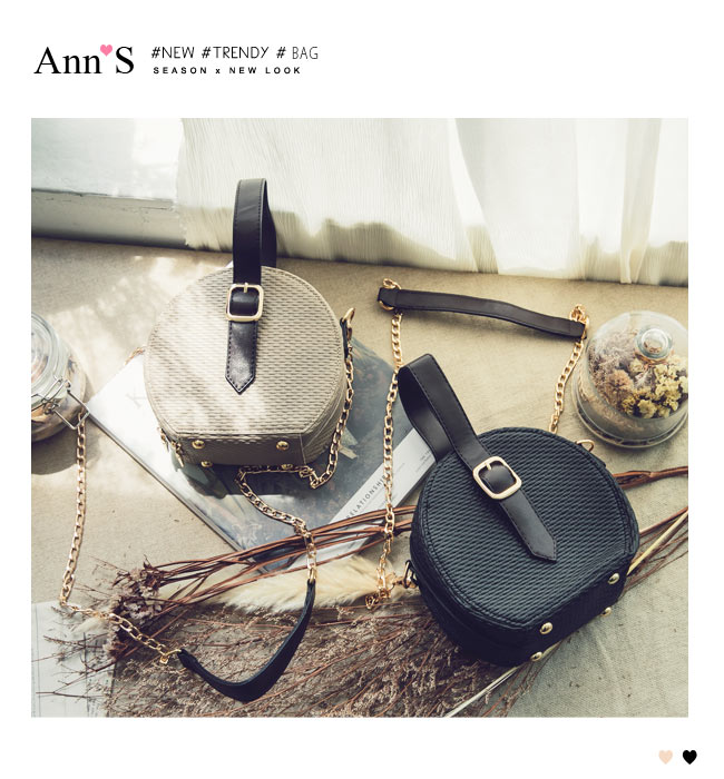Ann’S個性鮮明-金鍊肩背手提2way圓形小包-黑