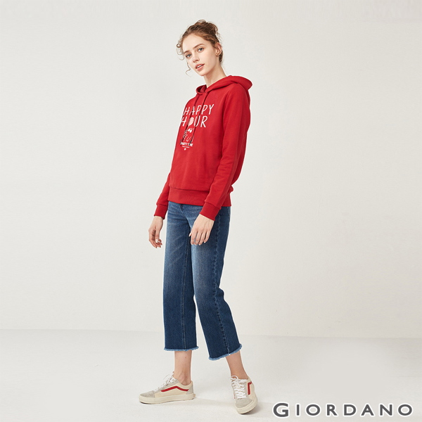 GIORDANO 女裝派對豬系列印花刷毛帽TEE-32 新冠軍紅