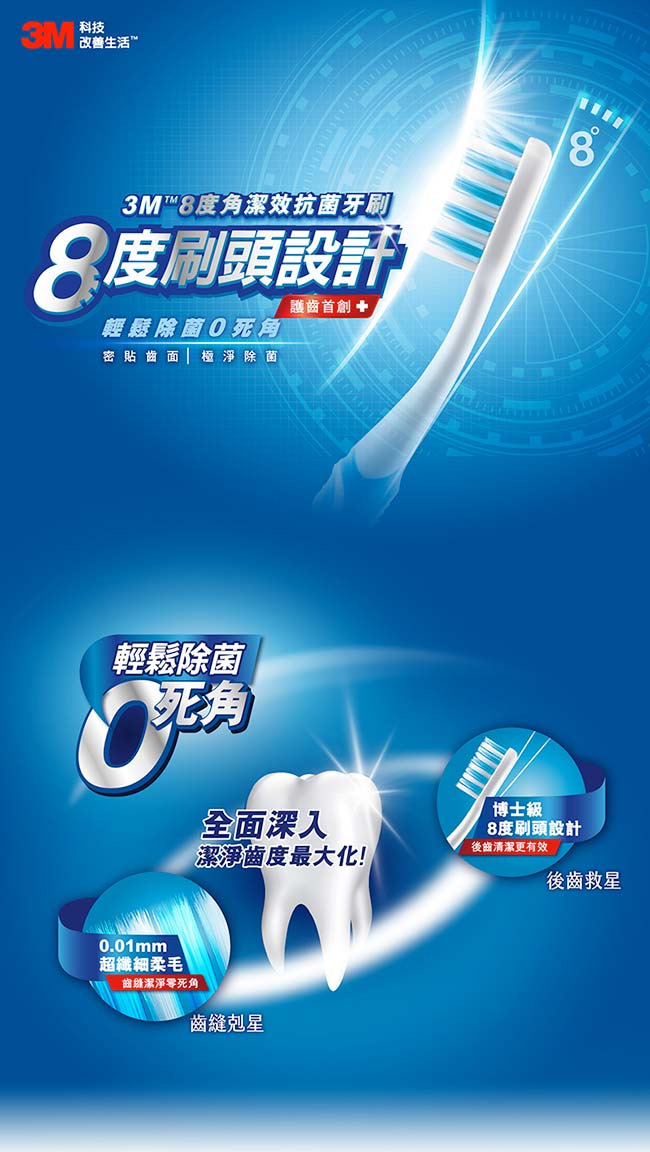 3M 8度角潔效抗菌牙刷-小刷頭纖細尖柔毛(3入)