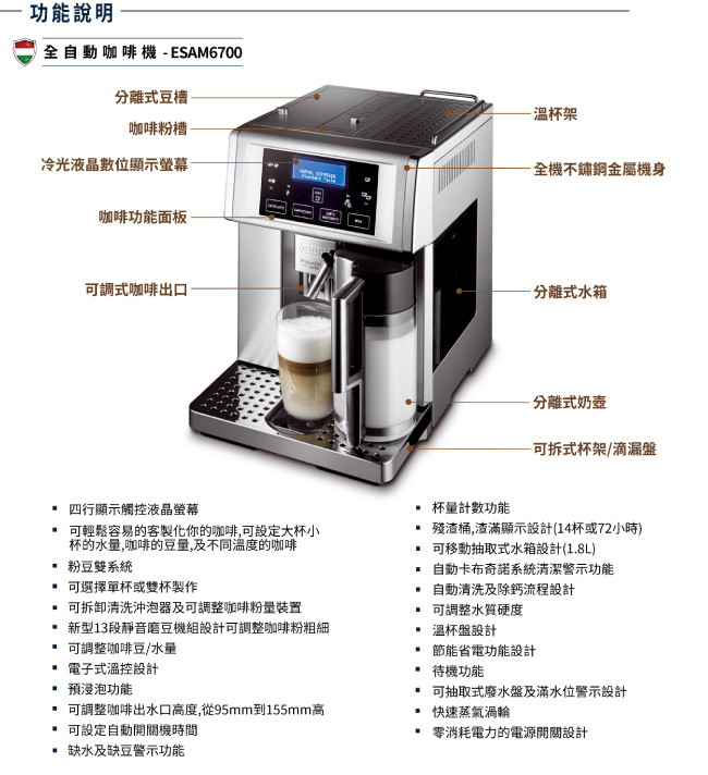 Delonghi迪朗奇尊爵型全自動咖啡機 ESAM6700