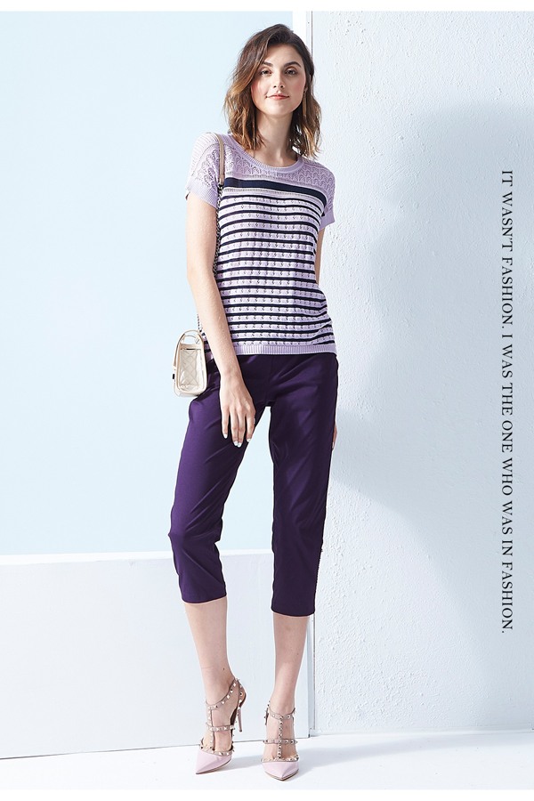 【麥雪爾】素面立體珠飾彈性八分褲-紫