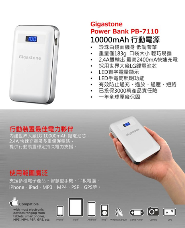 立達國際Gigastone PB7110 10000mAh LED顯示電量行動電源