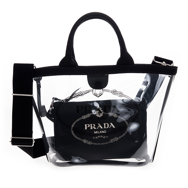 PRADA 透明PVC印字LOGO手提/肩背兩用水桶包附小袋 (小/黑色)