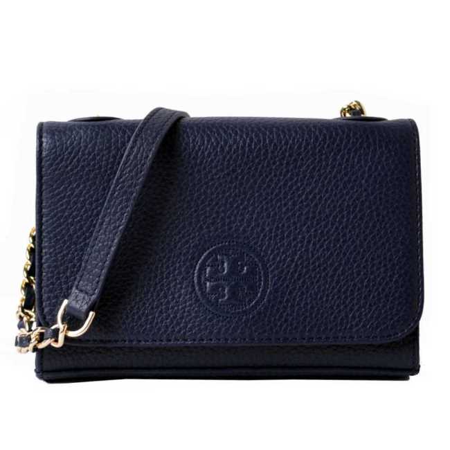 TORY BURCH BOMBE 縫線LOGO荔枝紋掀蓋式金屬鍊帶斜背包-藍(mini)