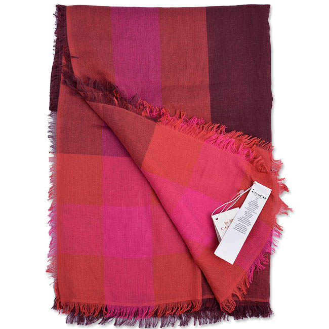 COACH 格紋拼接色寬版莫代爾披肩式圍巾-紫紅拼接