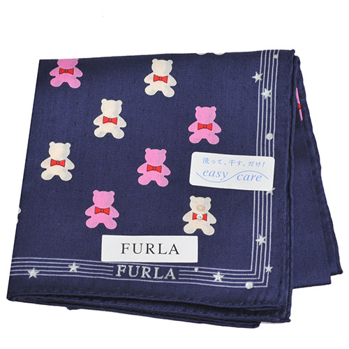 FURLA 可愛小熊圖騰品牌字母LOGO圖騰帕領巾(深藍色)