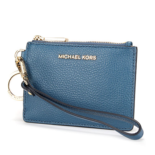 MICHAEL KORS Mercer 金LOGO荔枝紋皮革證件零錢手拿包-丹寧藍色