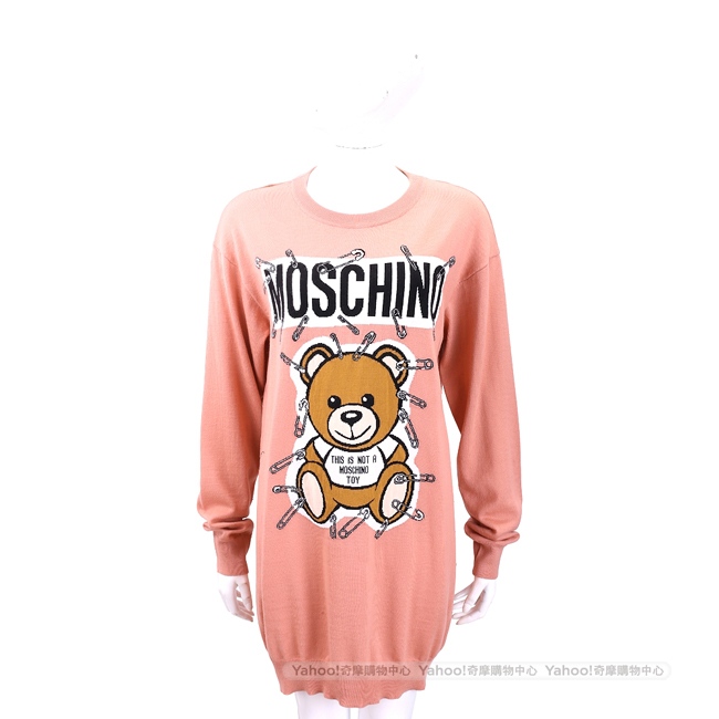 MOSCHINO 別針泰迪熊印花粉色長版羊毛衫