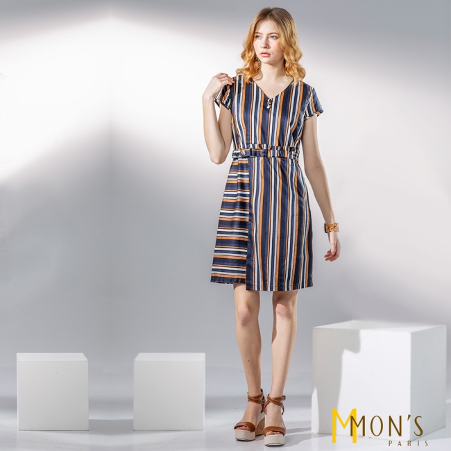 MONS 都會條紋修身拼接造型洋裝