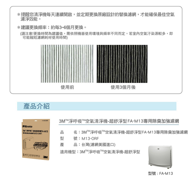 3M 超舒淨型空氣清淨機FA-M13專用除臭加強濾網-M13-ORF(超值2入組)