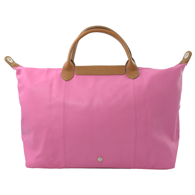 LONGCHAMP Le Pliage Cuir 拼色小羊皮短把兩用包(粉/L)