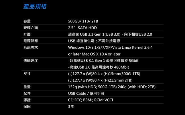 Apacer宇瞻 AC233 1TB USB3.1 2.5吋外接硬碟(暗夜黑)