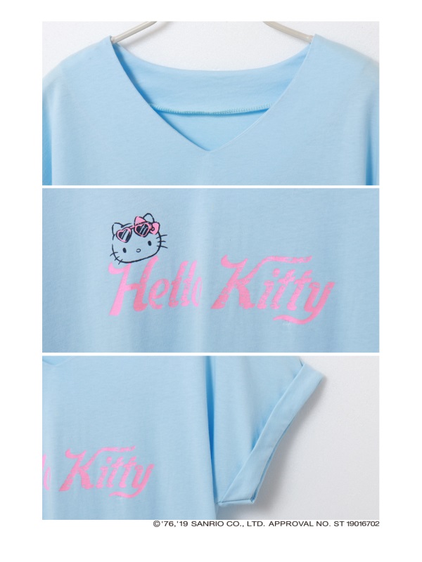 夏日Kitty印圖高含棉V領反褶袖T恤-OB大尺碼