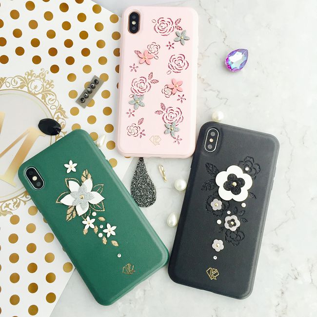 Kingxbar iPhone XS Max(6.5吋)施華洛世奇彩鑽+珍珠保護殼-山茶花