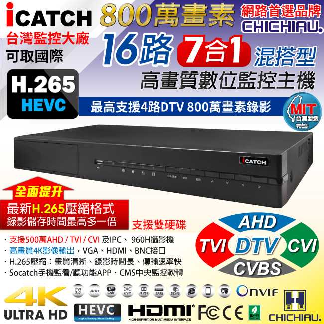 奇巧 H.265 16路800萬DTV 2160P台製iCATCH遠端雙硬碟款監控錄影主機