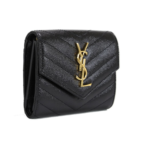 YSL MONOGRAM 魚子醬牛皮信封釦式中夾(黑色)