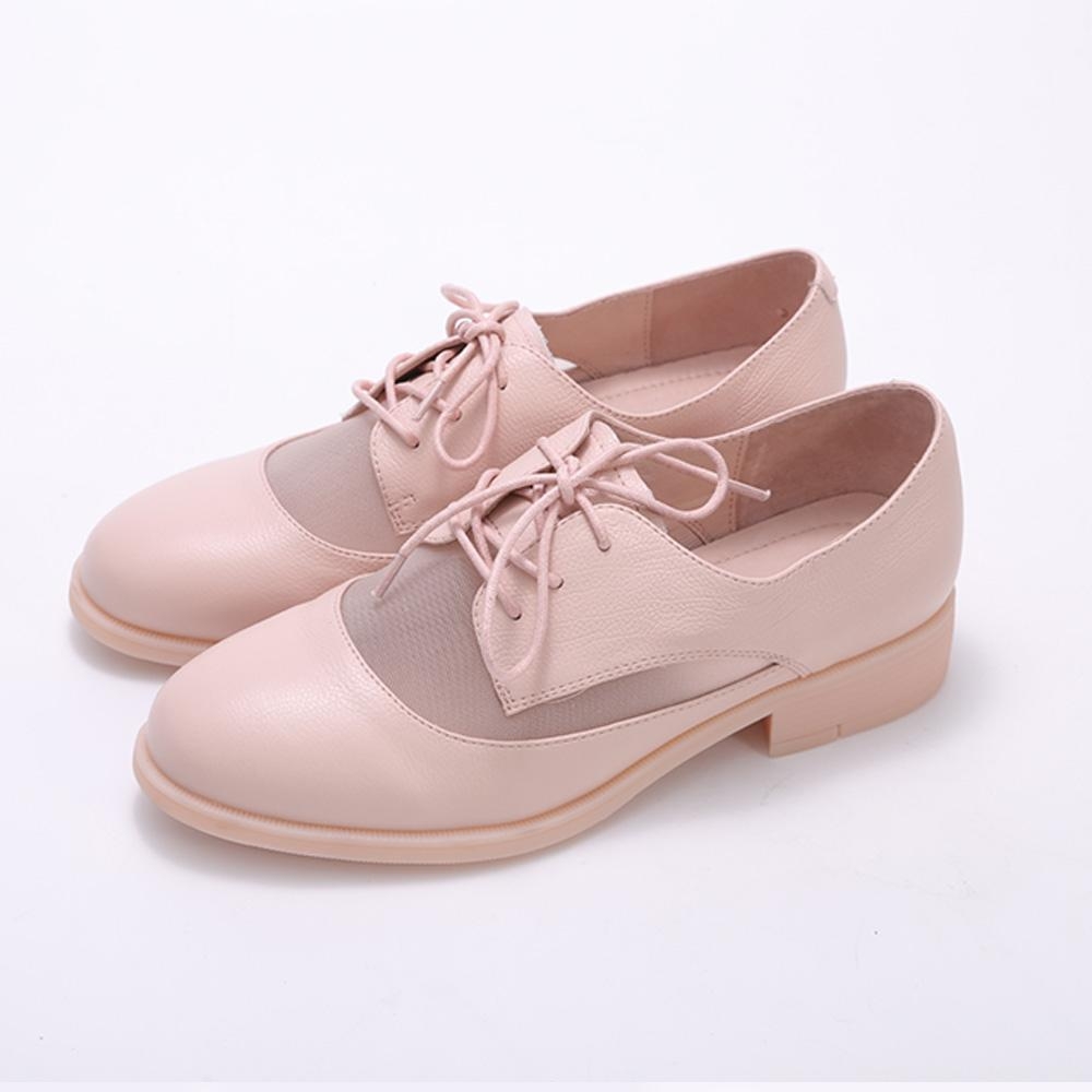 MK-圓頭簡約網紗透膚綁帶牛津鞋