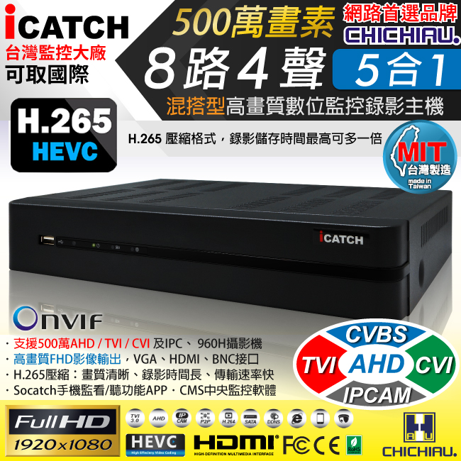 奇巧 H.265 8路4聲500萬 1080P iCATCH數位高清遠端監控錄影主機