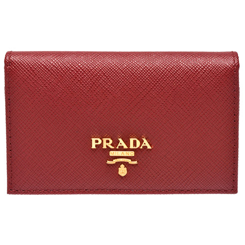 PRADA SAFFIANO METAL經典金屬浮雕LOGO防刮牛皮釦式信用卡/名片夾-紅