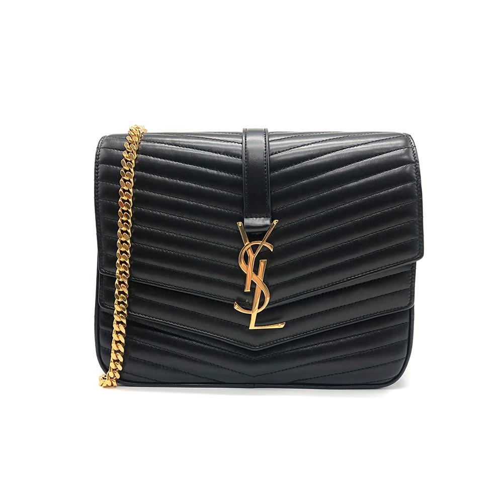 YSL SULPICE 金字絎縫小羊皮鍊帶包-中/黑