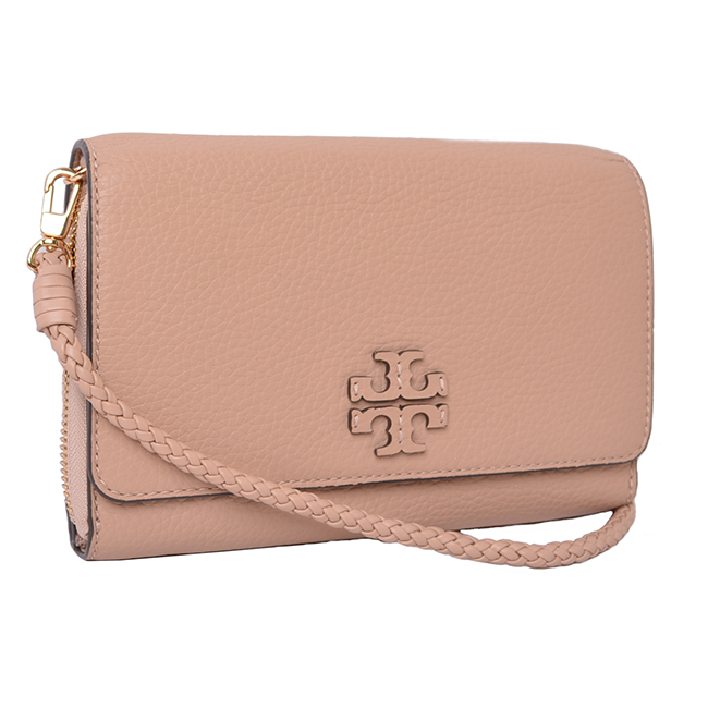 TORY BURCH TAYLOR雙層掀蓋式立體LOGO編織背帶手拿/斜背包-優雅粉膚